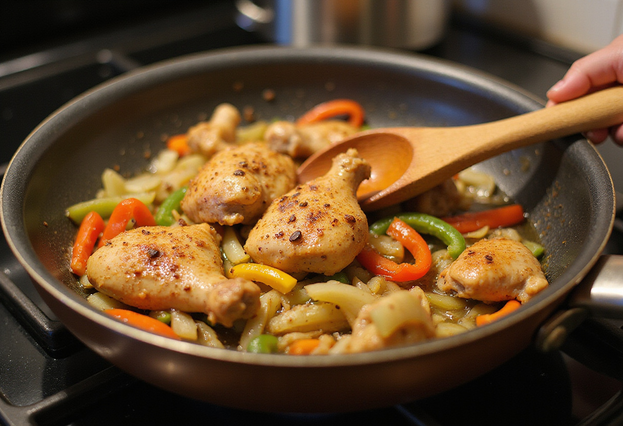 Chicken Street Tacos Recipe simmering seasoned chicken with bell peppers and onions in a skillet.