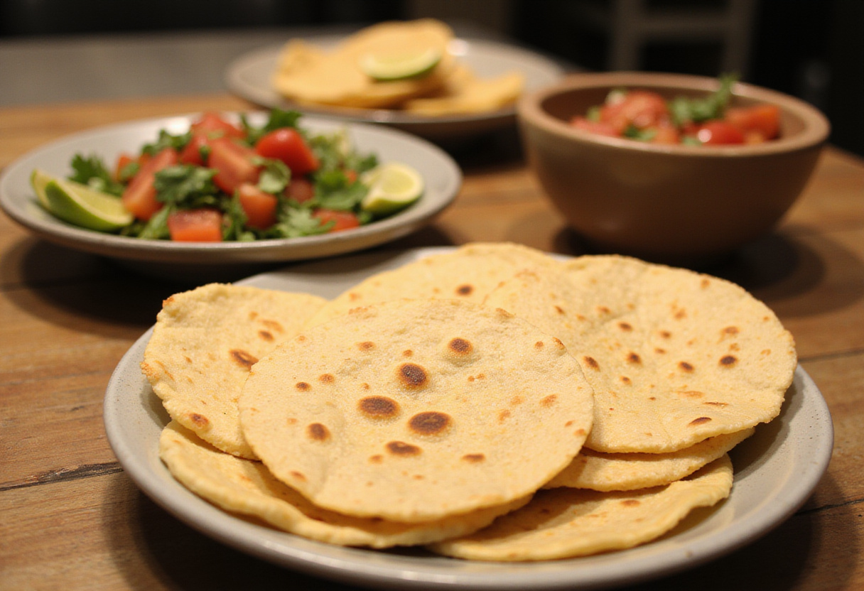 Assembling Chicken Street Tacos with warm corn tortillas, diced tomatoes, and fresh cilantro on a table.