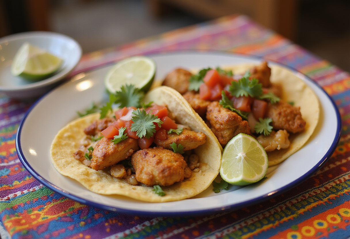 Delicious Chicken Street Tacos displayed on a platter, garnished with salsa and limes, perfect for street food lovers.
