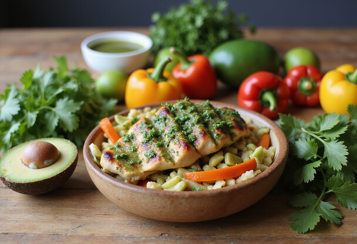 Fresh ingredients for Chimichurri Grilled Chicken Bowl, including herbs, avocados, and vibrant vegetables for a healthy meal.