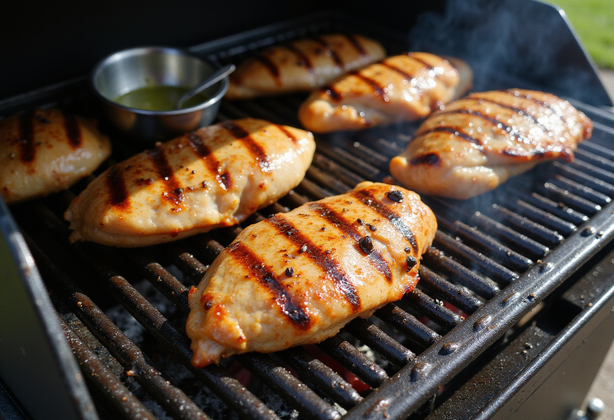 Grilling marinated chicken for a Chimichurri Grilled Chicken Bowl, capturing the essence of outdoor cooking and vibrant flavors.