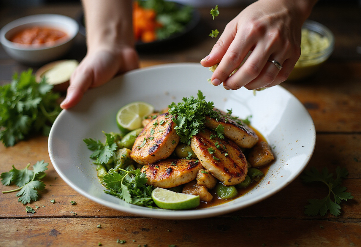 Final touches to a Chimichurri Grilled Chicken Bowl with herbs, presenting a vibrant and appetizing dish.