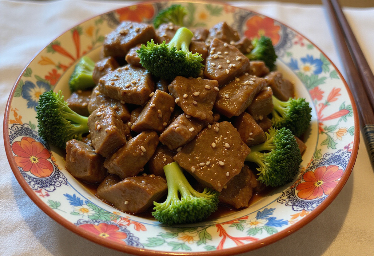 Delicious plate of Chinese Beef and Broccoli, showcasing vibrant colors and textures, perfect for a savory meal.