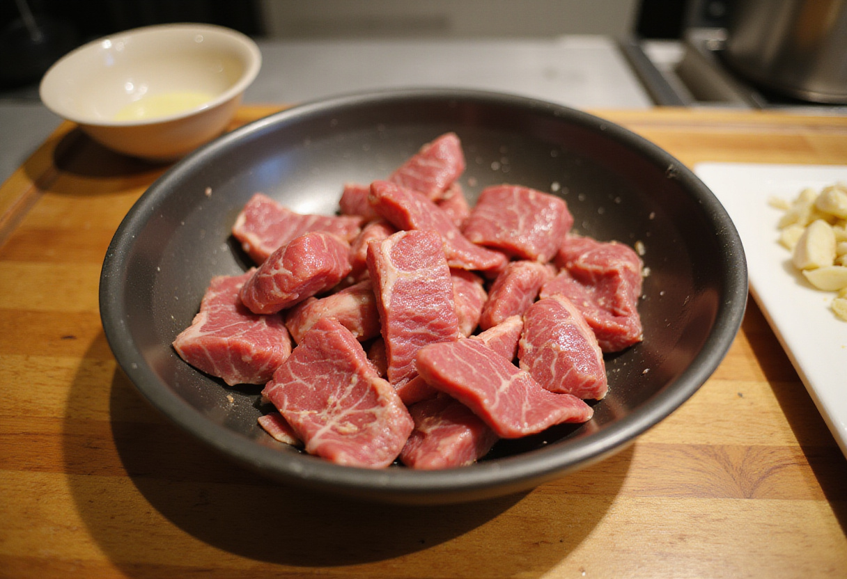 Marinated beef slices prepared for a Chinese Beef and Broccoli dish, featuring garlic and ginger on a cutting board.