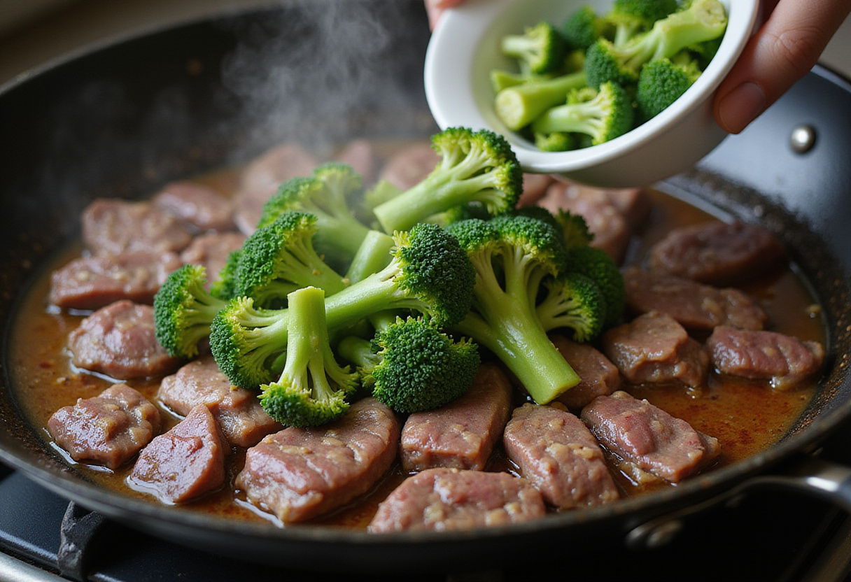 Adding fresh broccoli to the stir-fried beef, showcasing the vibrant ingredients used in Chinese Beef and Broccoli.