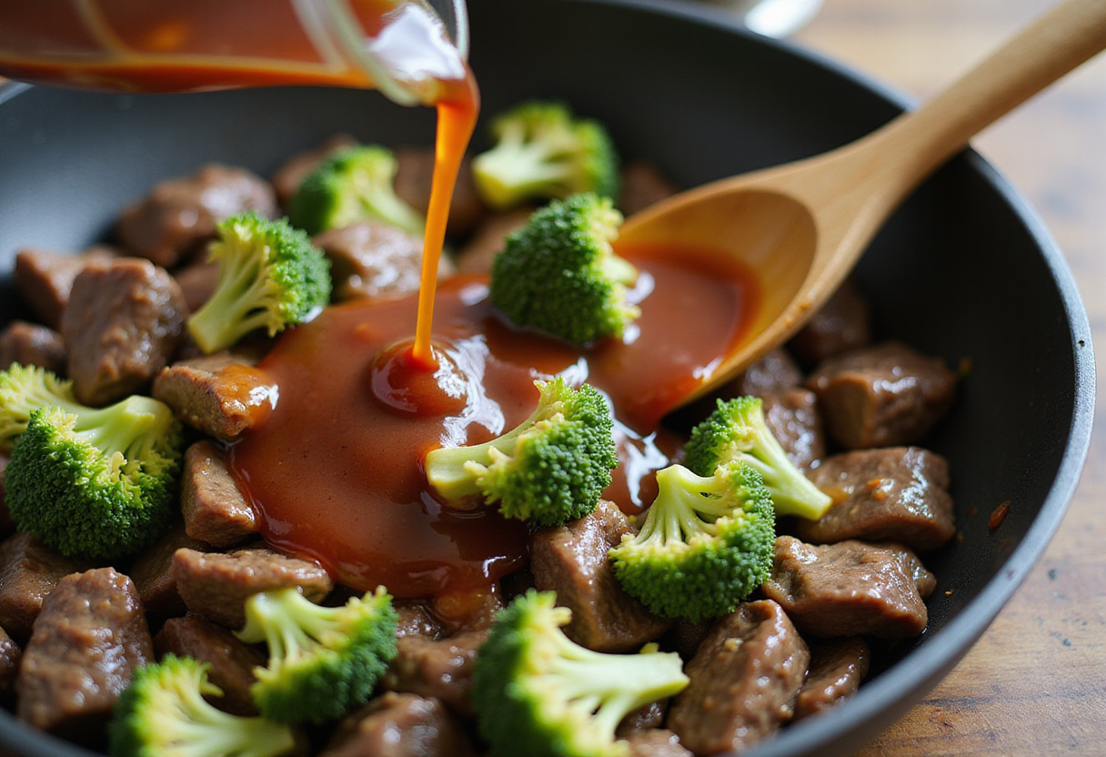 Pouring sauce over a mixture of beef and broccoli, an integral part of creating the delicious Chinese Beef and Broccoli flavor.