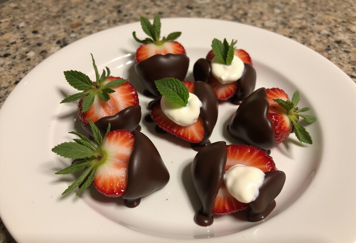 Delicious Chocolate Strawberry Yogurt Clusters displayed on a plate, showcasing chocolate-covered strawberries and yogurt, a delightful healthy dessert.