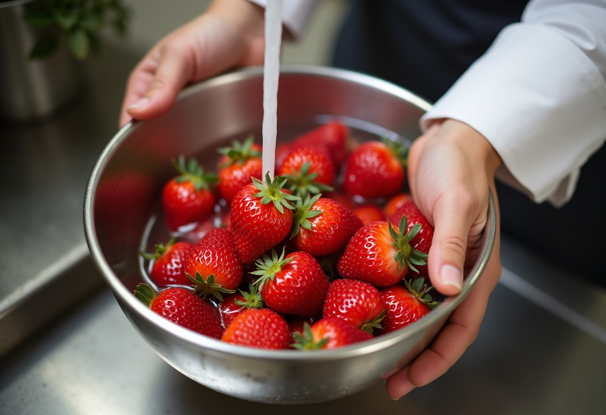 Fresh strawberries being cleaned, perfect for Chocolate Strawberry Yogurt Clusters Recipe, healthy dessert ingredients.