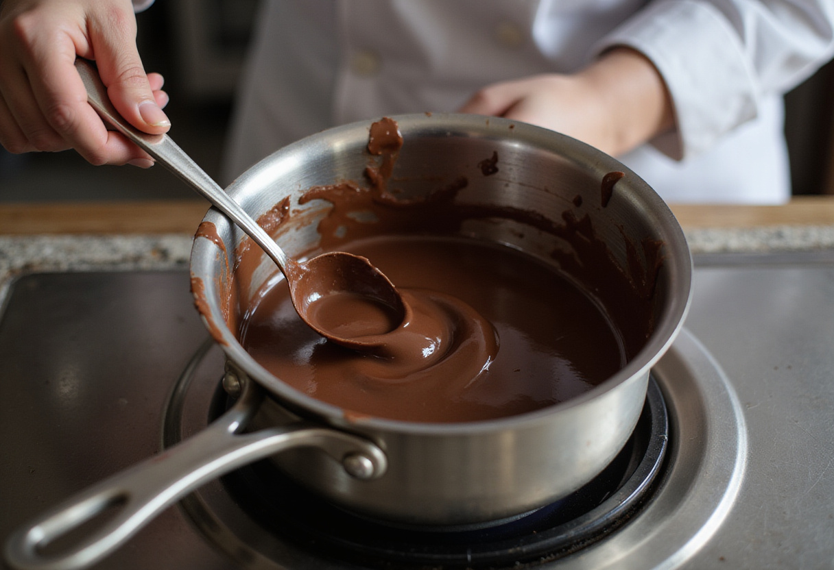 Dark chocolate melting in a saucepan, essential step for making chocolate yogurt clusters with strawberries, delicious dessert preparation.