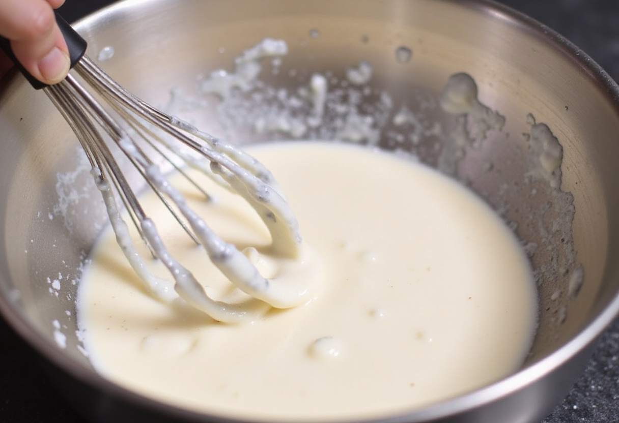 Whisked yogurt in a mixing bowl, key component in Chocolate Strawberry Yogurt Clusters Recipe, creating a creamy dessert base.