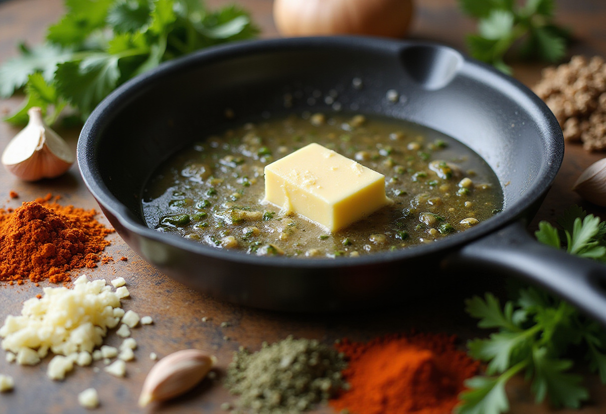 Melting butter with herbs and spices for Cowboy Butter Chicken Pasta preparation, showcasing fresh ingredients in a warm kitchen atmosphere.