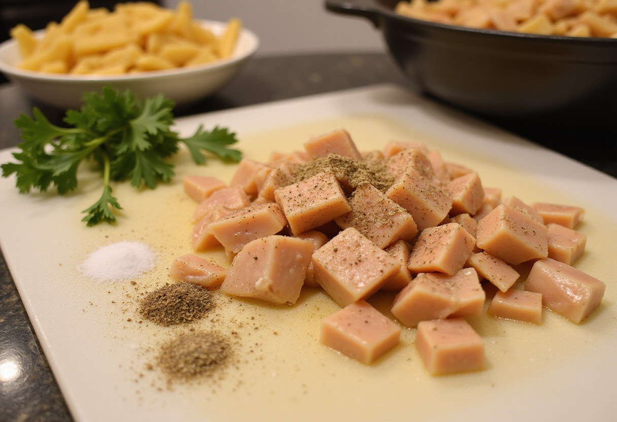 Seasoned chicken for Cowboy Butter Chicken Pasta being prepared on a cutting board, highlighting the fresh and flavorful ingredients in a rustic kitchen setting.