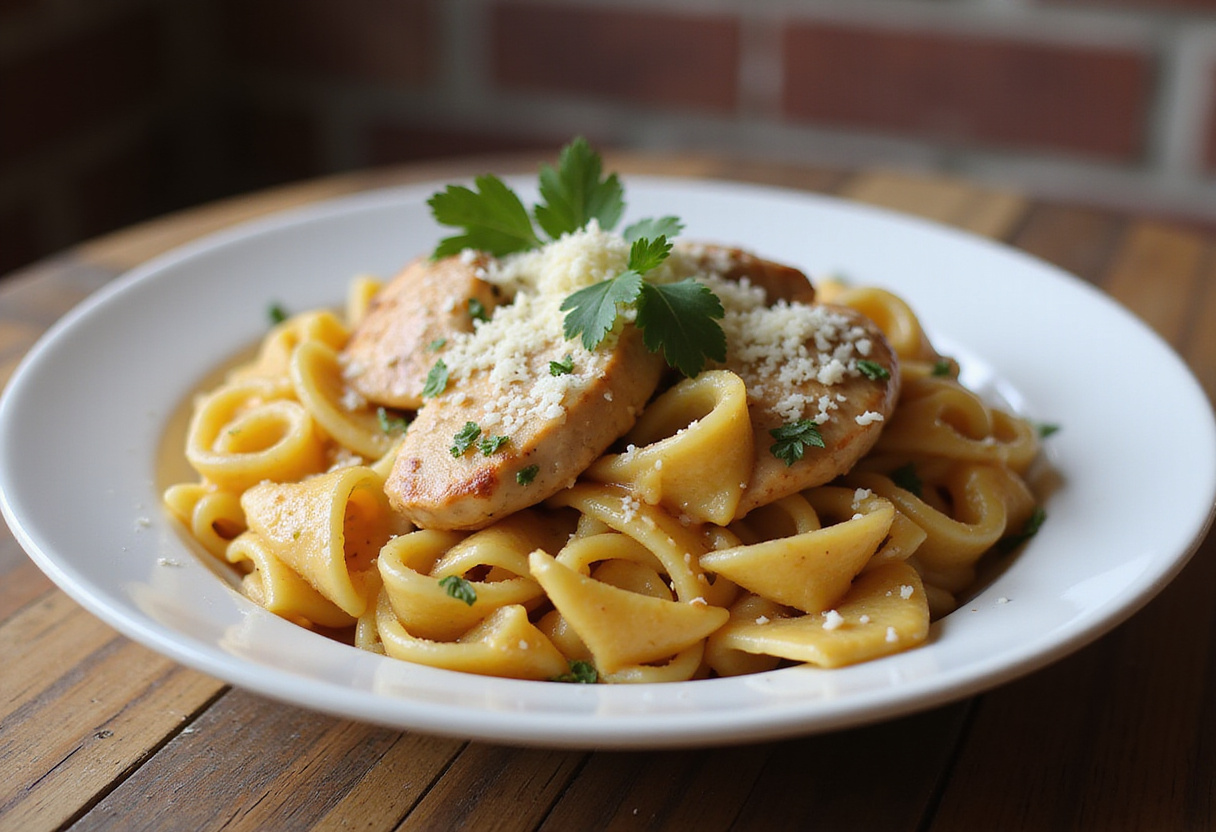 Delicious Cowboy Butter Chicken Pasta served in a bowl, beautifully garnished, showcasing the hearty and flavorful dish in a rustic dining setting.