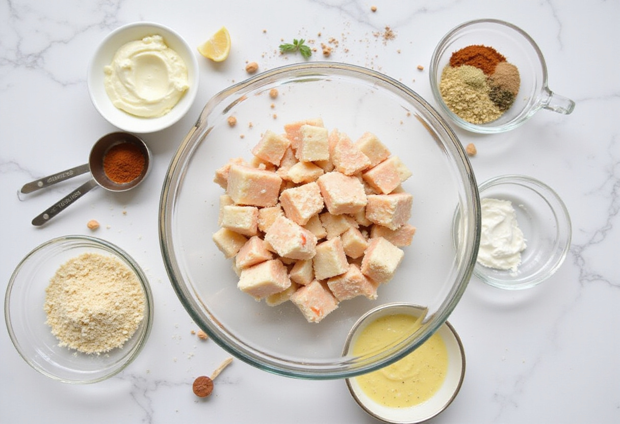 Ingredients for crab crunchies laid out on a kitchen countertop, including crab meat, breadcrumbs, and spices.