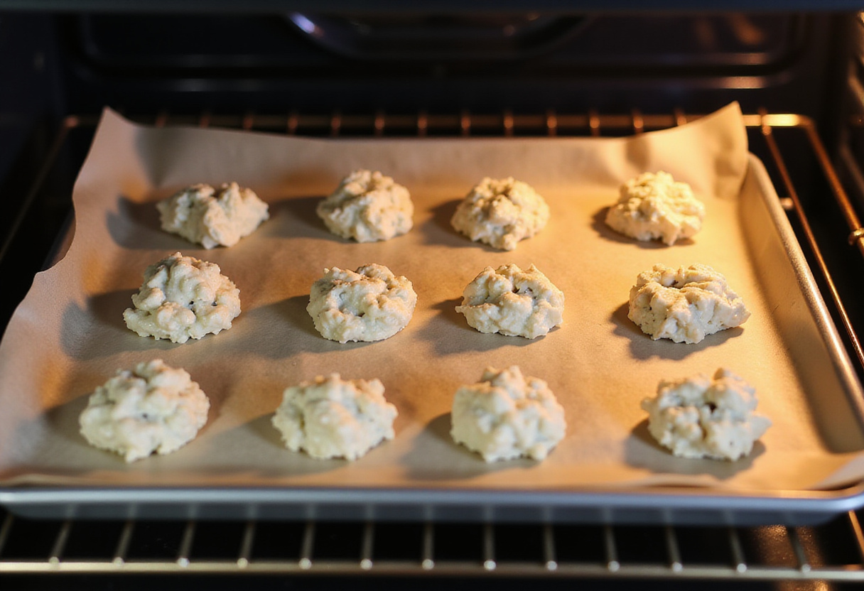 Baking tray with crab mixture mounds prepared for baking, illustrating the making of delicious crab crunchies.
