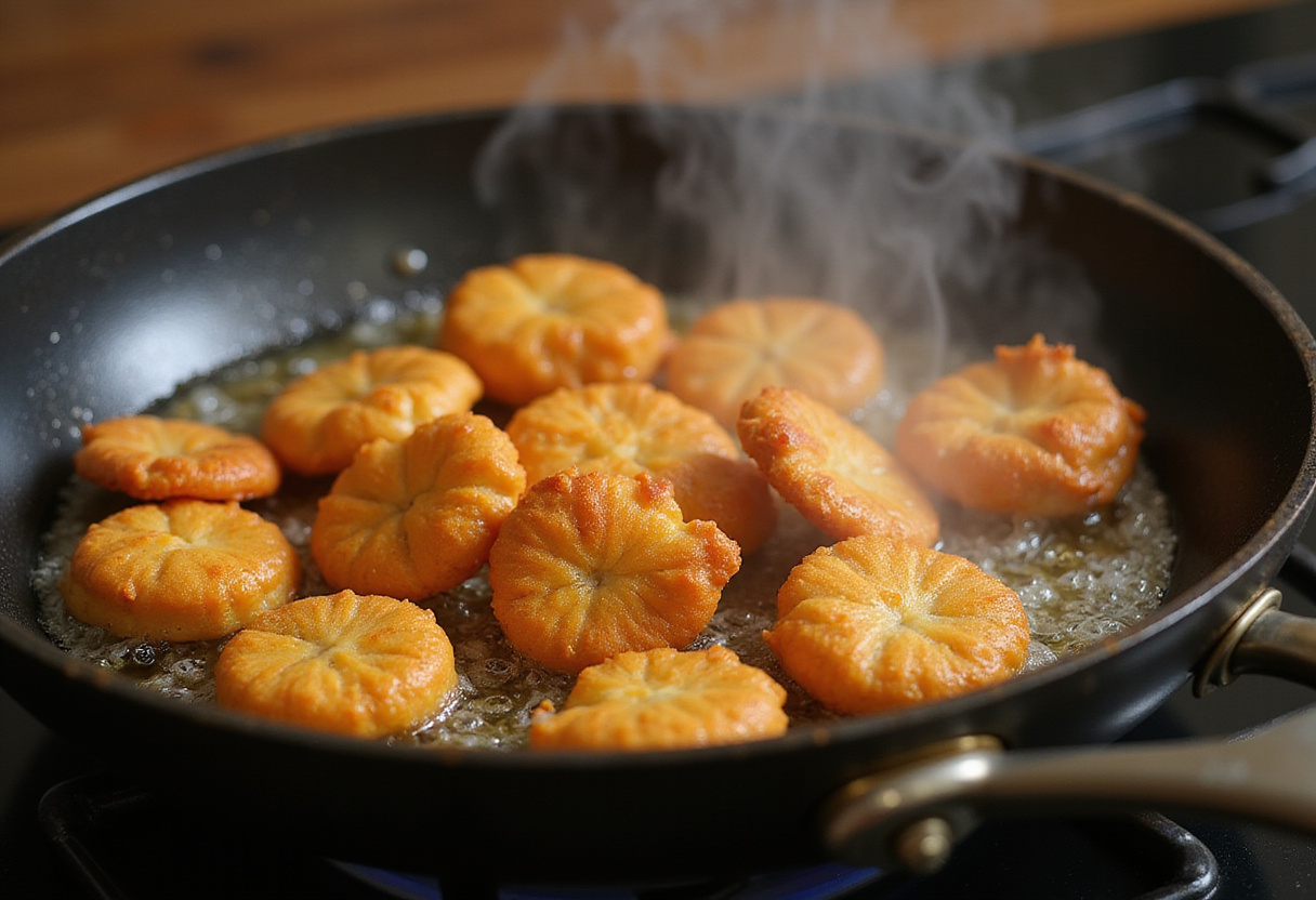 Frying crab crunchies in a pan, capturing the crispy texture and appetizing golden color, perfect for seafood lovers.