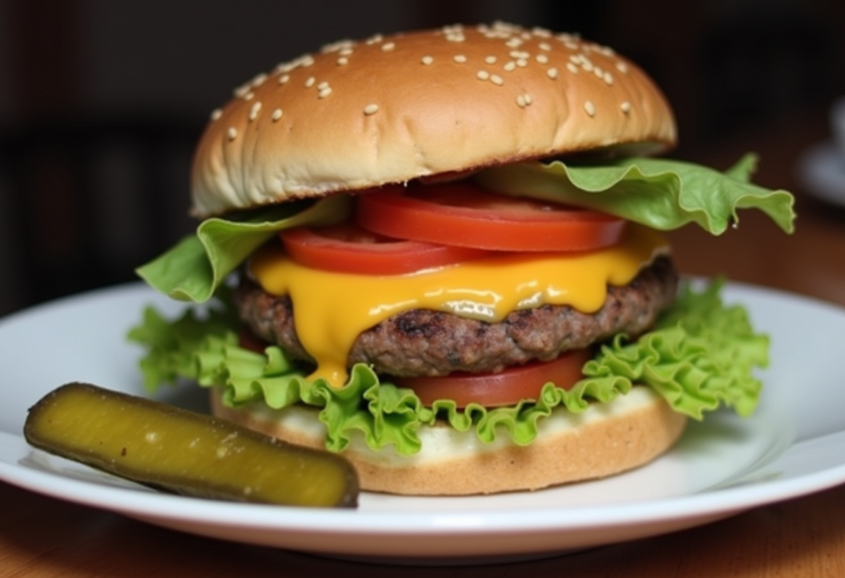 Delicious cracked burger stacked with cheese, lettuce, and tomatoes, beautifully presented on a plate.