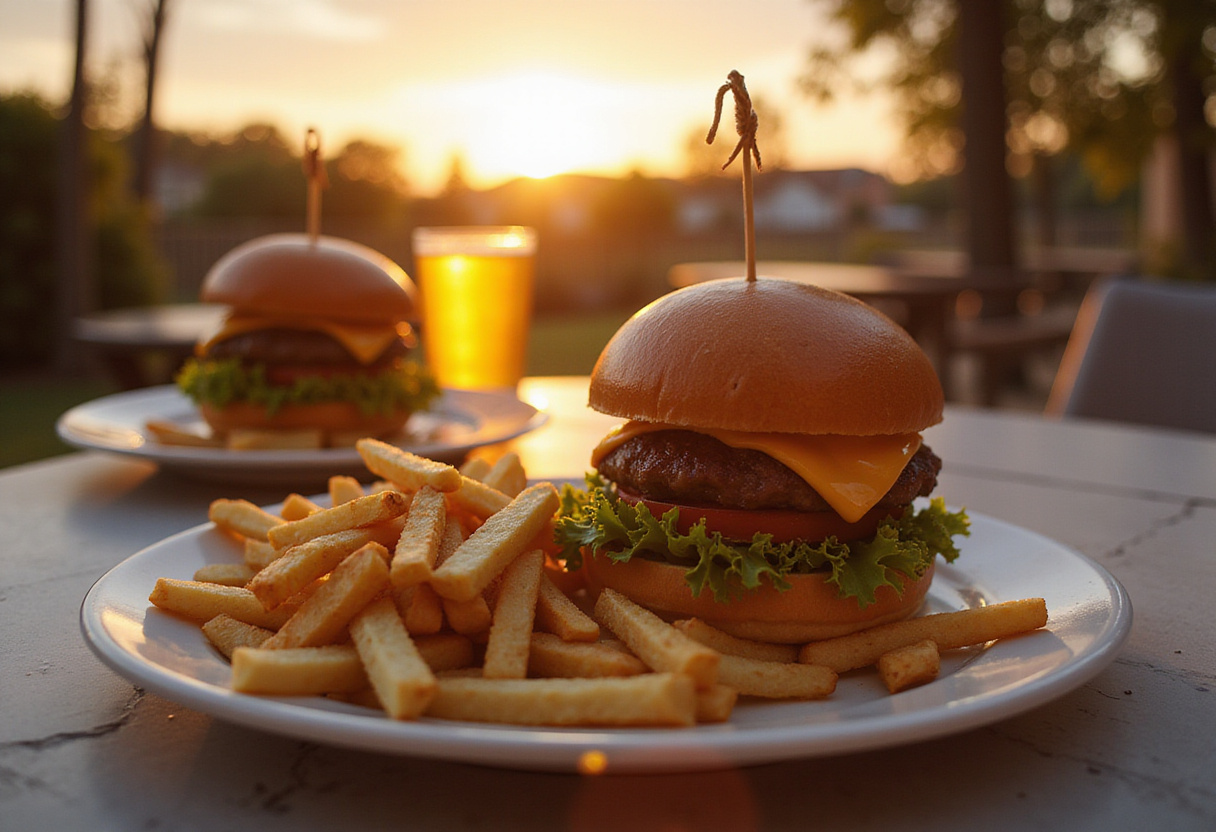 A delicious presentation of crack burgers served with fries and a drink, perfect for a summer meal, showcasing the delightful final result of this easy burger recipe.