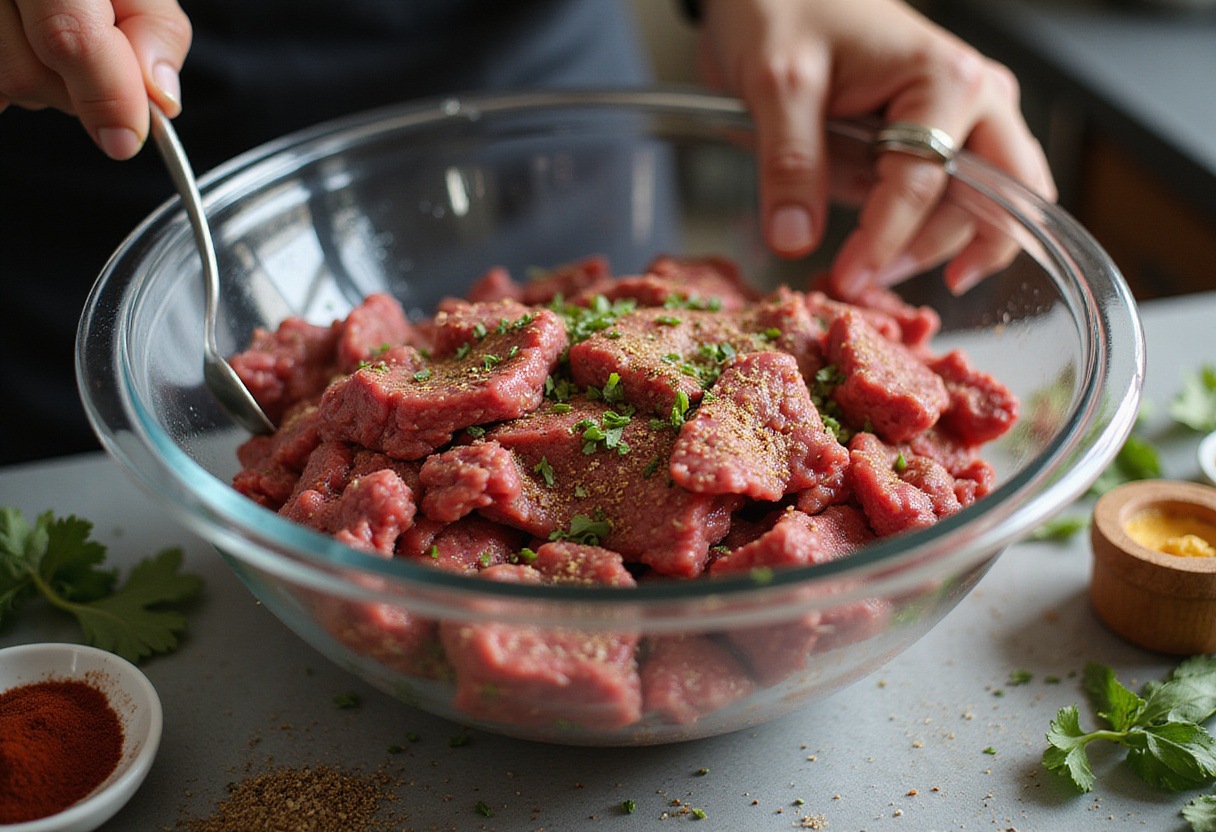 Seasoning ground beef for crack burgers in a mixing bowl, capturing the essence of preparing delicious burger patties with fresh herbs and spices.