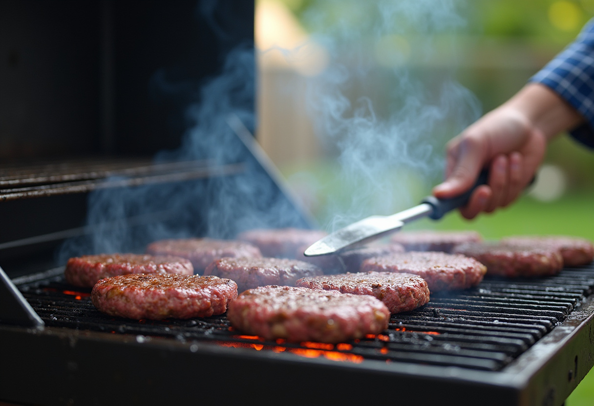 A chef grilling juicy burger patties on an outdoor grill, showcasing the delicious process of making perfect crack burgers in a vibrant backyard setting.