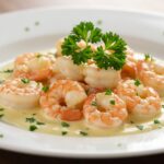A stunning presentation of creamy garlic shrimp on a plate, highlighting the dish's inviting appearance and delicious flavor.