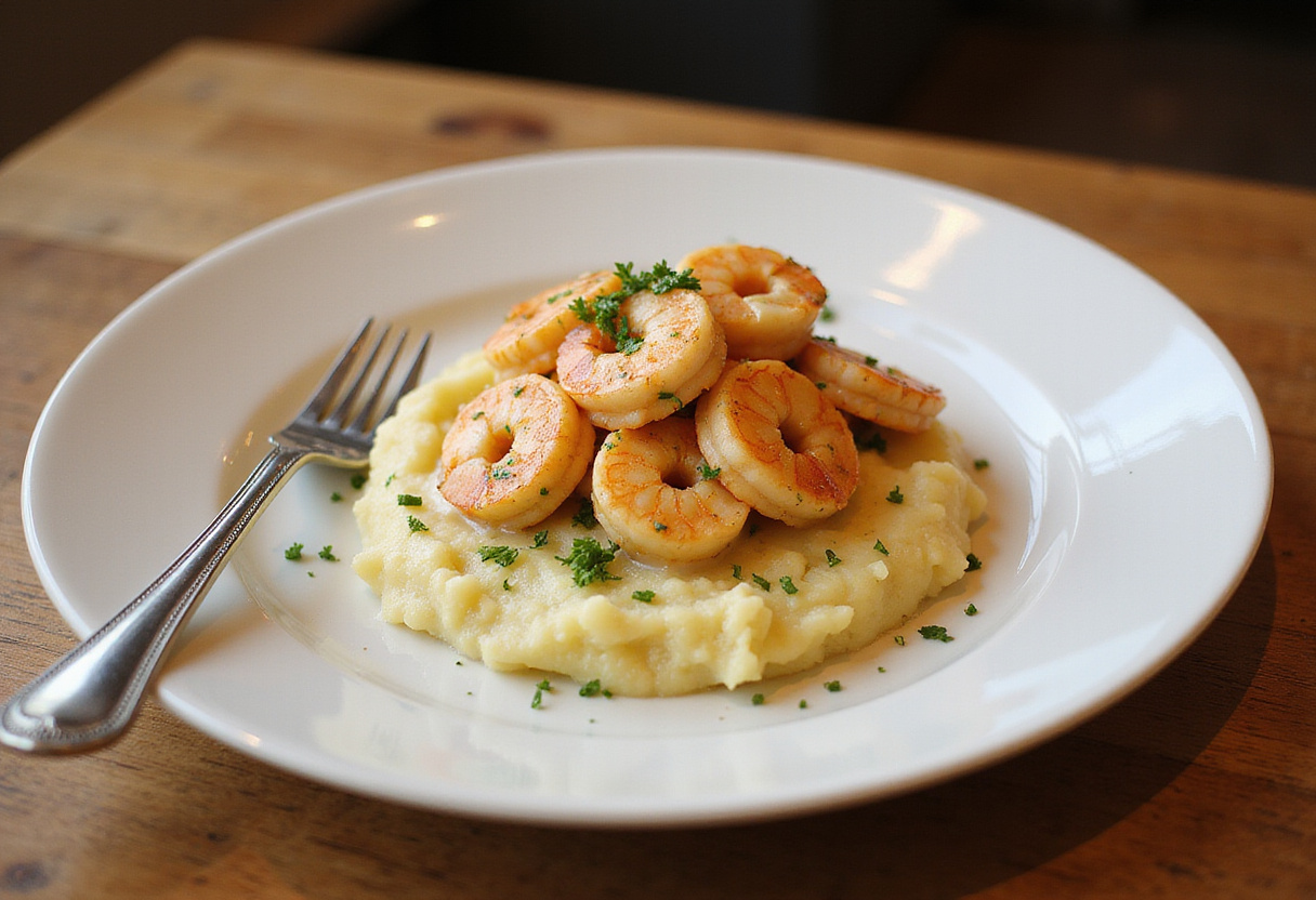 Delicious creamy garlic shrimp served over silky mashed potatoes, an inviting dish perfect for seafood lovers, elegantly plated and garnished.