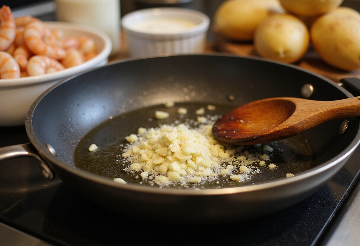 Cooking minced garlic for creamy garlic shrimp, blending flavors in a frying pan, with fresh shrimp and potatoes in the kitchen.