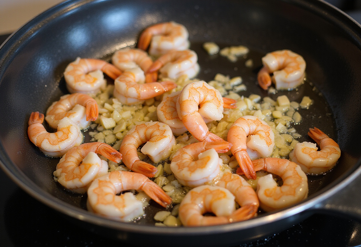 Sautéing shrimp with garlic for delicious creamy garlic shrimp, showcasing the vibrant pink color of raw shrimp in the pan.
