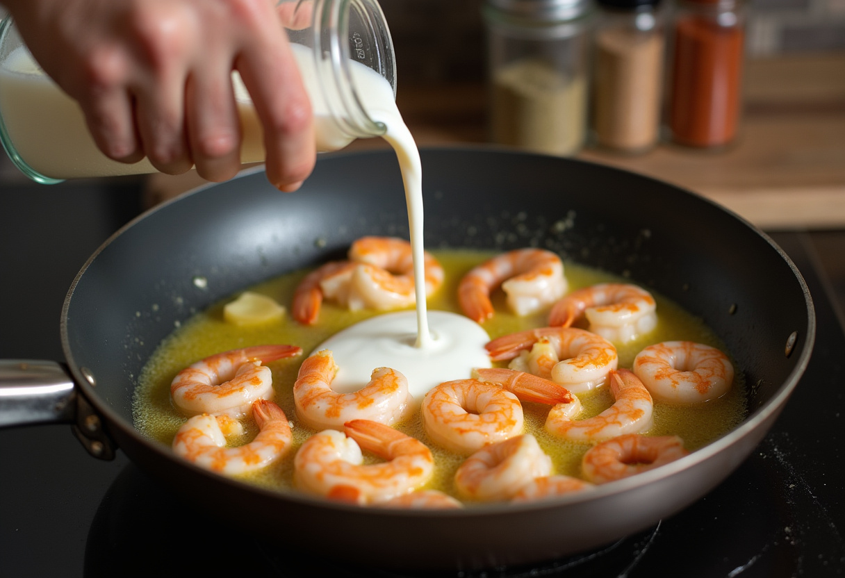 Creating a creamy sauce for creamy garlic shrimp, mixing heavy cream with garlic and shrimp in a skillet, adding spices for flavor.