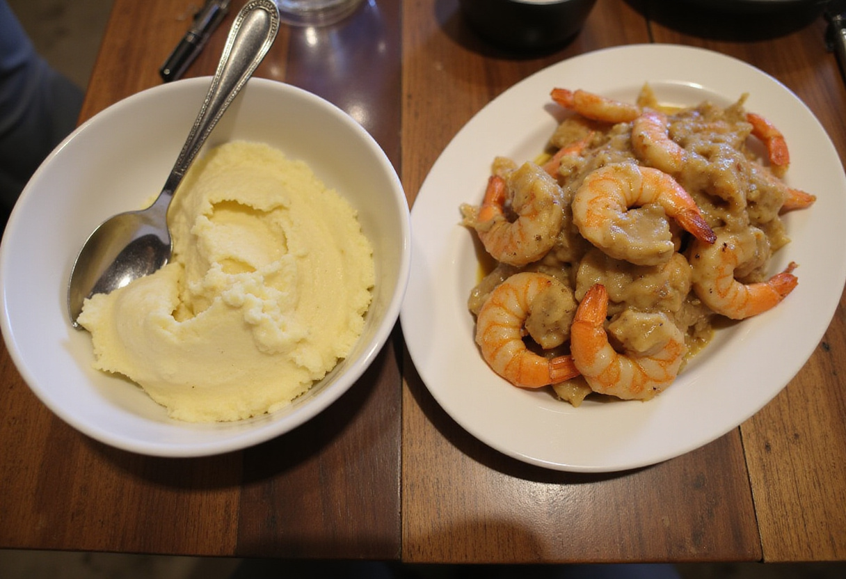 Preparing creamy garlic shrimp and mashed potatoes, showcasing the comforting texture of the mashed potatoes paired with shrimp in a creamy sauce.