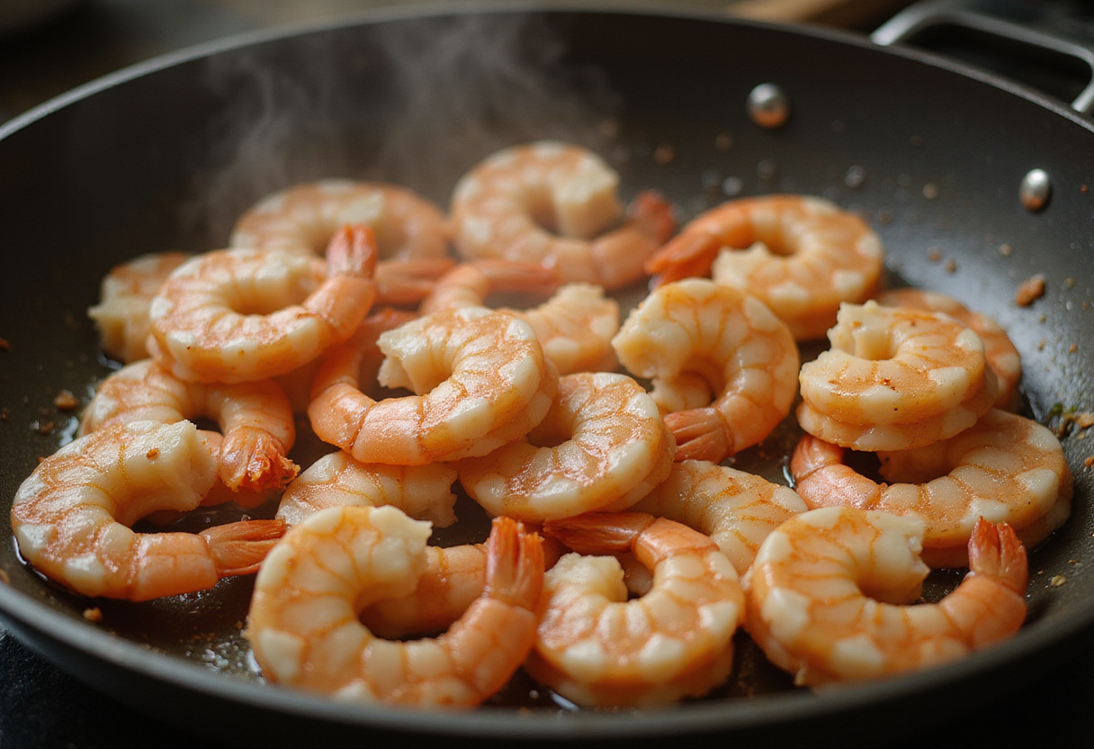 Fresh shrimp sizzling in a skillet, highlighting the cooking stage for creamy garlic shrimp, emphasizing the pink color transformation.