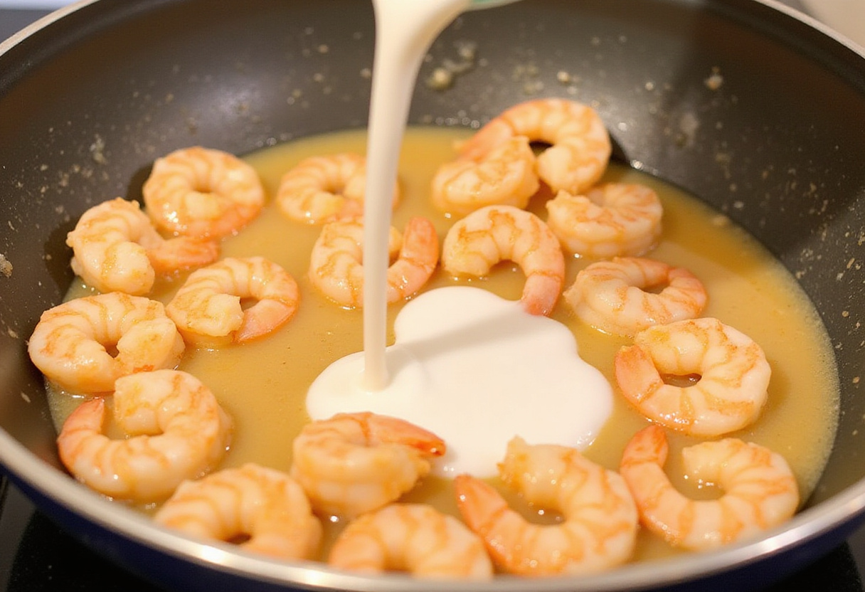 Heavy cream being added to shrimp in a skillet, illustrating the creation of the rich sauce for creamy garlic shrimp.