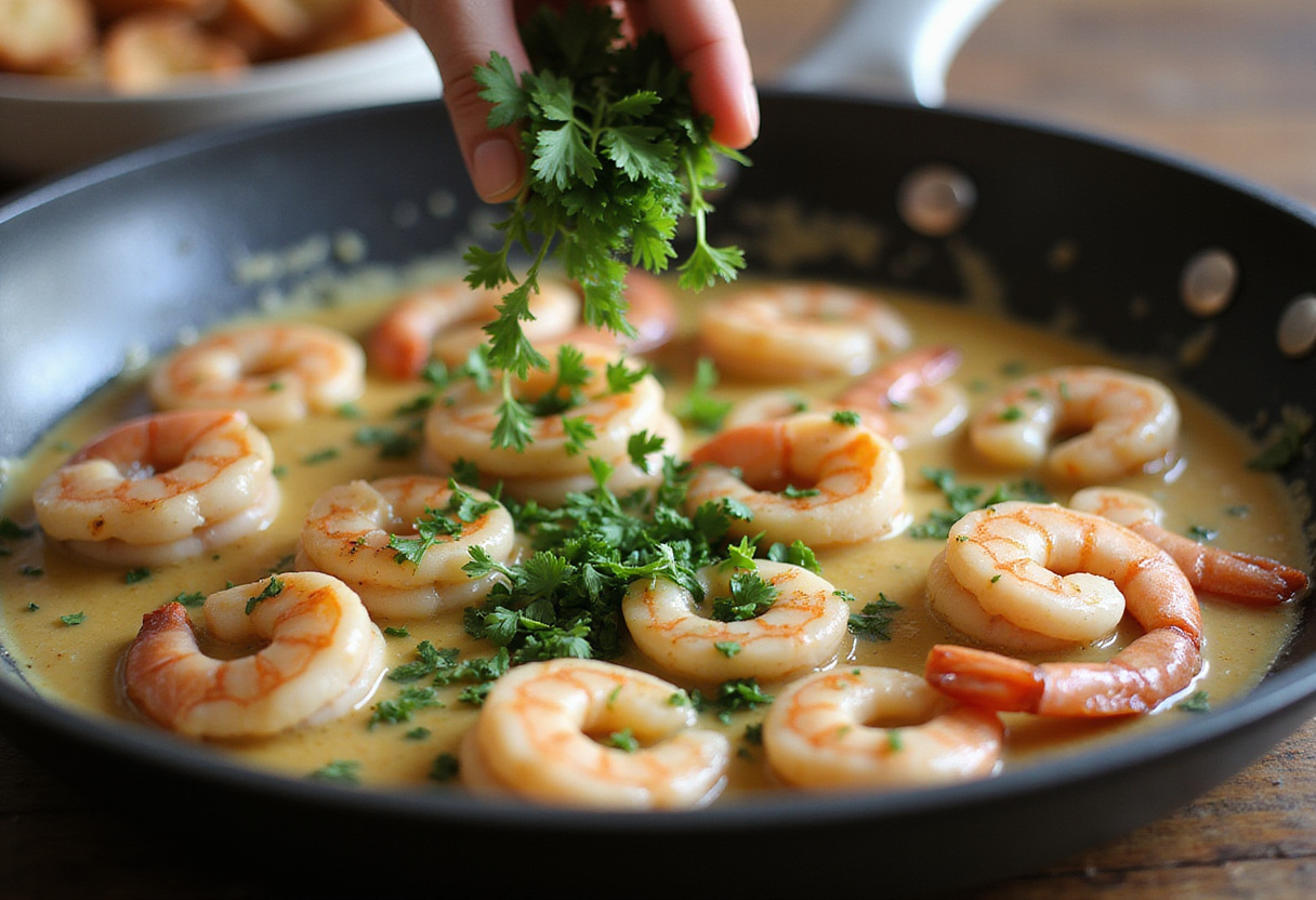 Chopped fresh parsley added to creamy garlic shrimp in a skillet, perfecting the dish for a vibrant presentation.