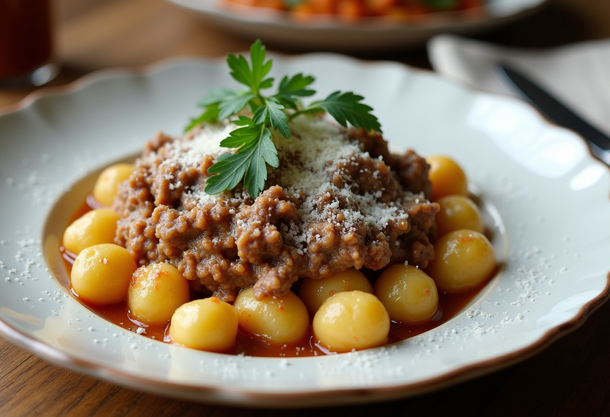 Final presentation of creamy ground beef gnocchi, showing a delicious and creamy dish garnished with parsley and cheese.