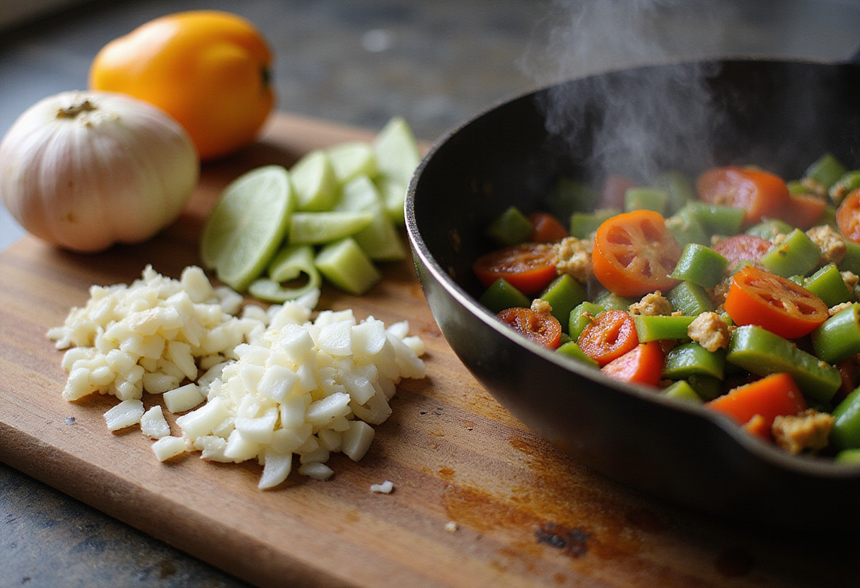 Cooking fresh vegetables for creamy ground beef gnocchi, including diced onions and bell peppers in a skillet.
