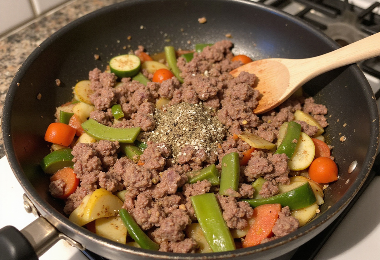 Browning ground beef for creamy gnocchi, mixing it with seasoned vegetables in a skillet for a rich flavor.