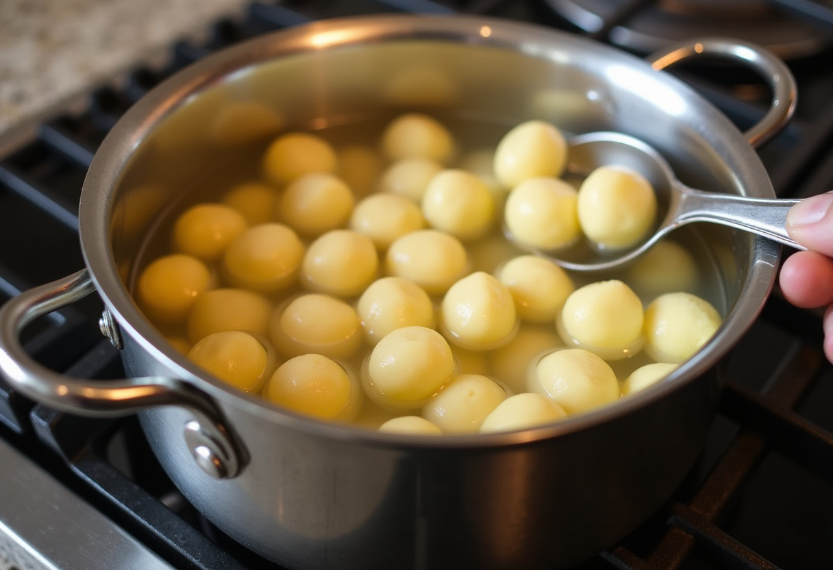 Boiling gnocchi in water, showcasing fluffy dumplings being prepared for a creamy beef dish.