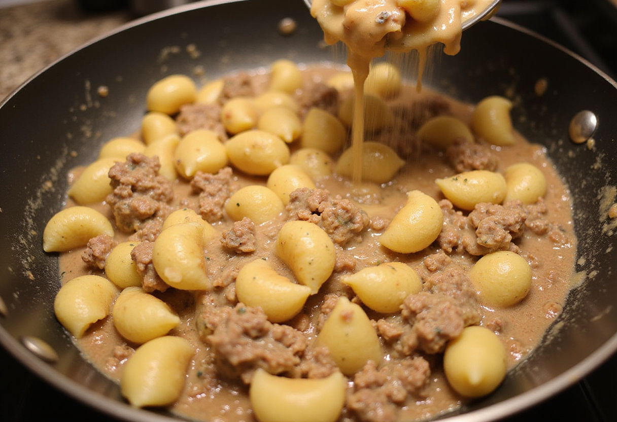 Combining gnocchi with creamy ground beef in a skillet for a delicious homemade meal.