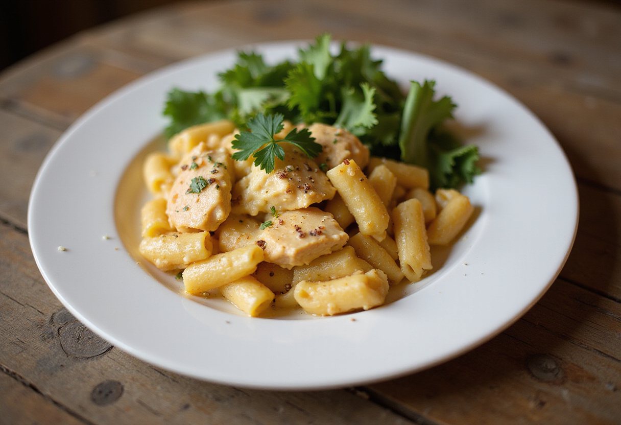 Serving a delicious plate of Creamy Honey Pepper Chicken Mac and Cheese Delight, showcasing the creamy and cheesy pasta dish ready to be enjoyed, perfect for a comforting meal.