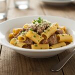 Final presentation of creamy Parmesan beef rigatoni, showcasing rich flavors and textures. A delicious meal ready to be enjoyed, with appealing rustic ambiance.
