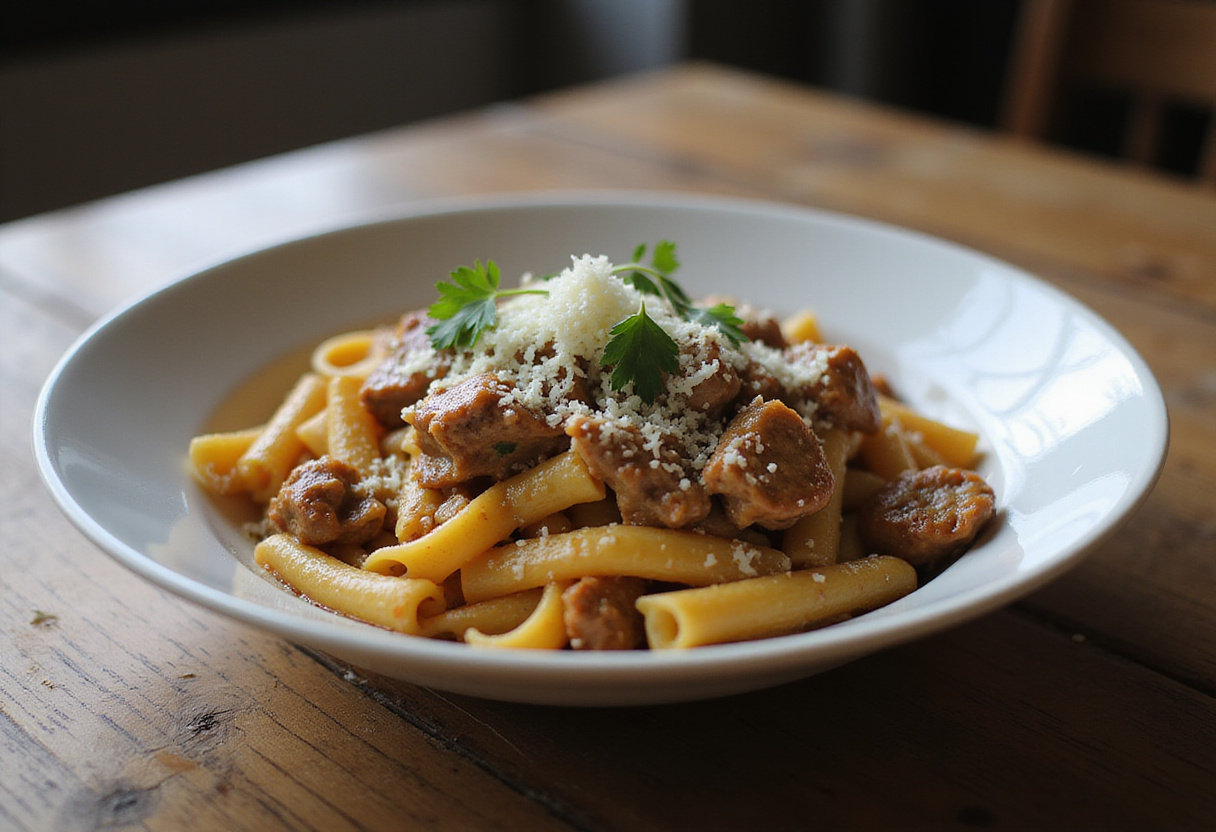 Final presentation of creamy Parmesan beef rigatoni, showcasing rich flavors and textures. A delicious meal ready to be enjoyed, with appealing rustic ambiance.