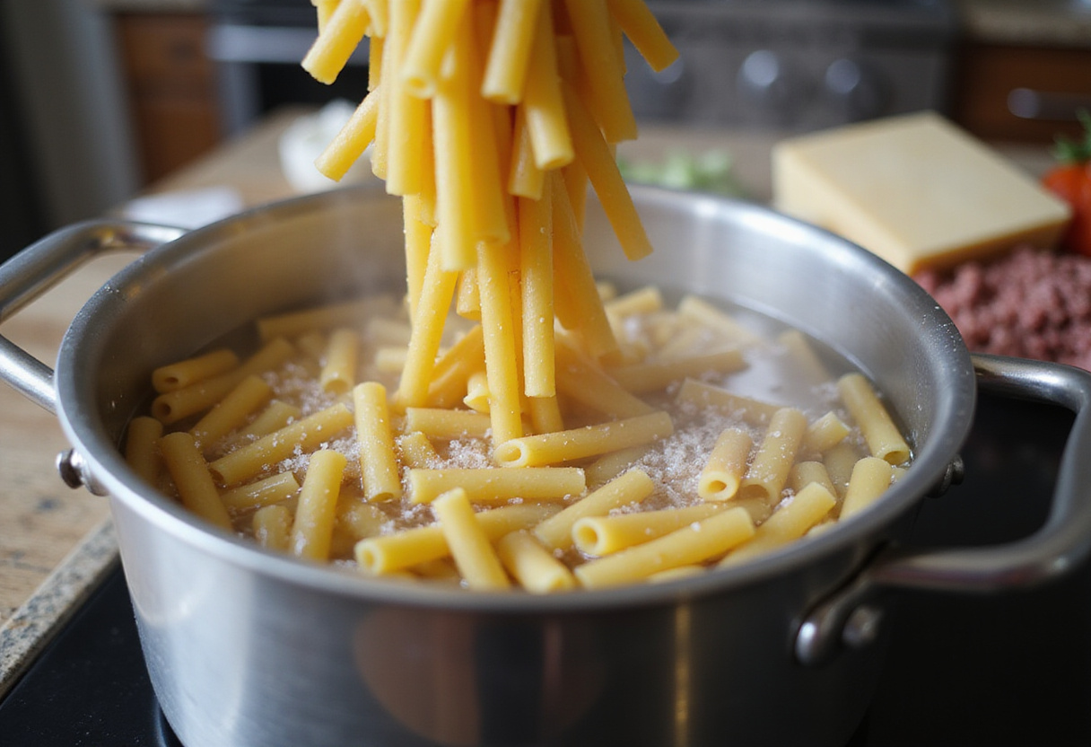 Cooking rigatoni pasta for creamy Parmesan beef rigatoni. Boiling water and ingredients visible, highlighting key components of the dish.
