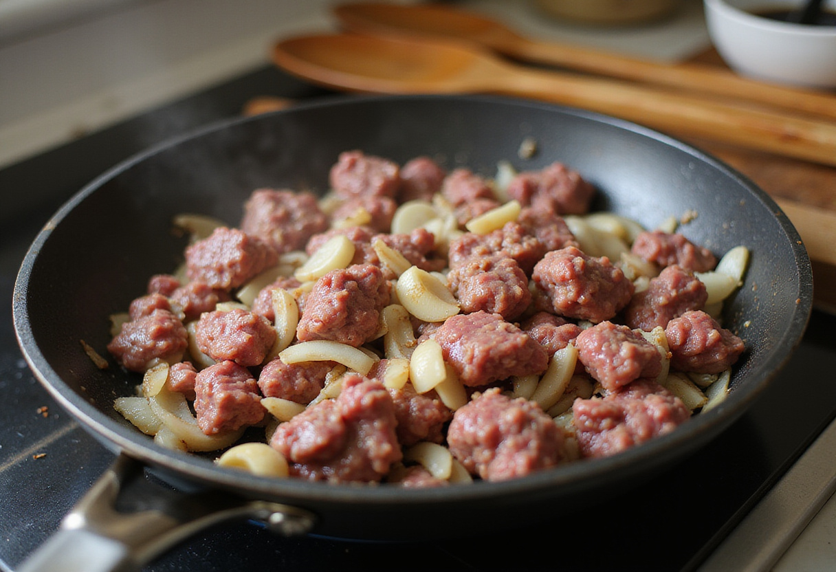 Browning ground beef with onions and garlic for flavorful creamy Parmesan beef rigatoni. The cooking process emphasizes aromatic ingredients.