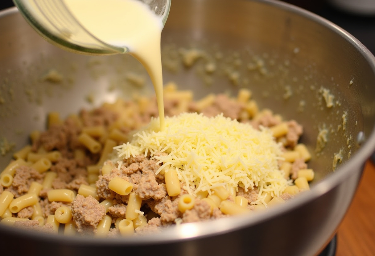 Combining rigatoni pasta with browned beef and creamy sauce for a luxurious creamy Parmesan beef rigatoni. Visual focus on creamy texture and ingredients.
