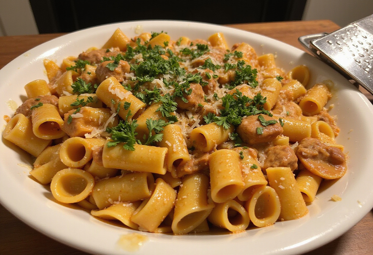 Serving creamy Parmesan beef rigatoni topped with fresh parsley and extra cheese. The dish looks inviting and delicious, perfect for serving.