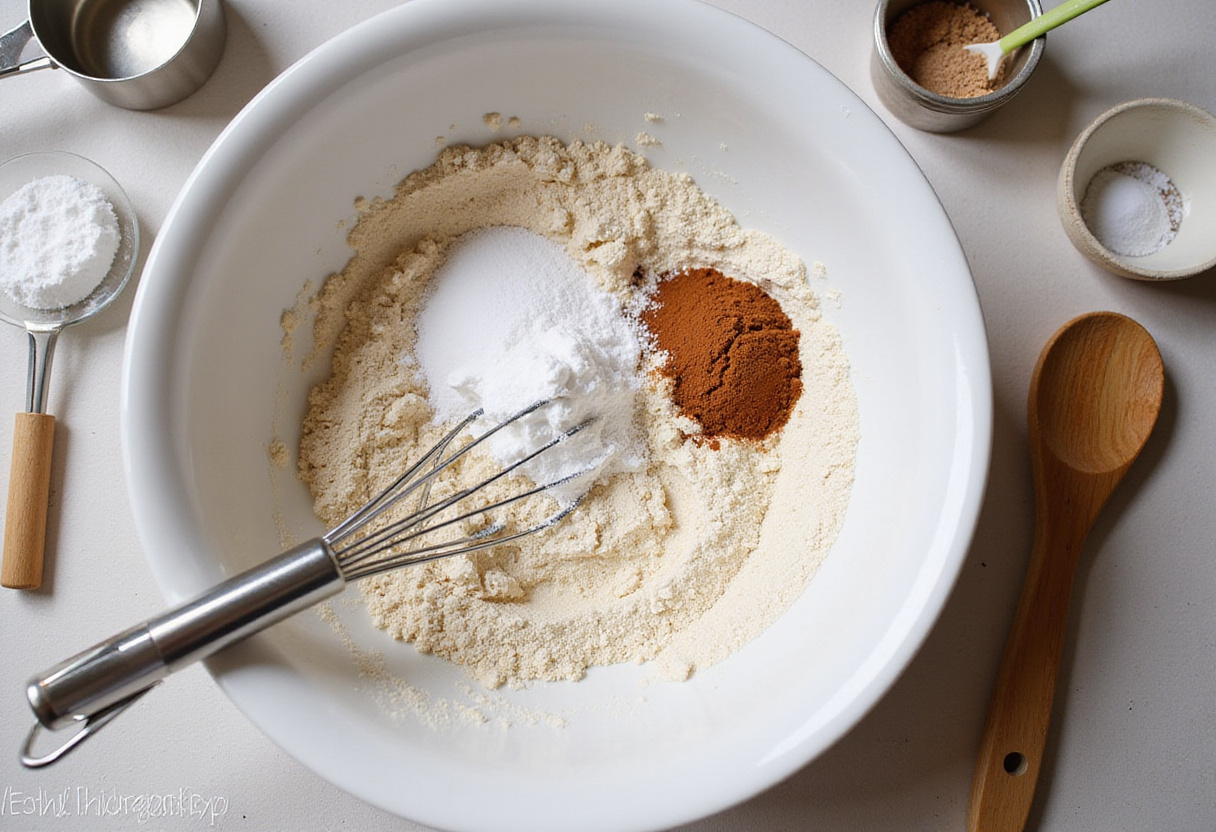 Mixing dry ingredients for crispy air fryer churro bites, including flour, sugar, and cinnamon for a delicious treat.