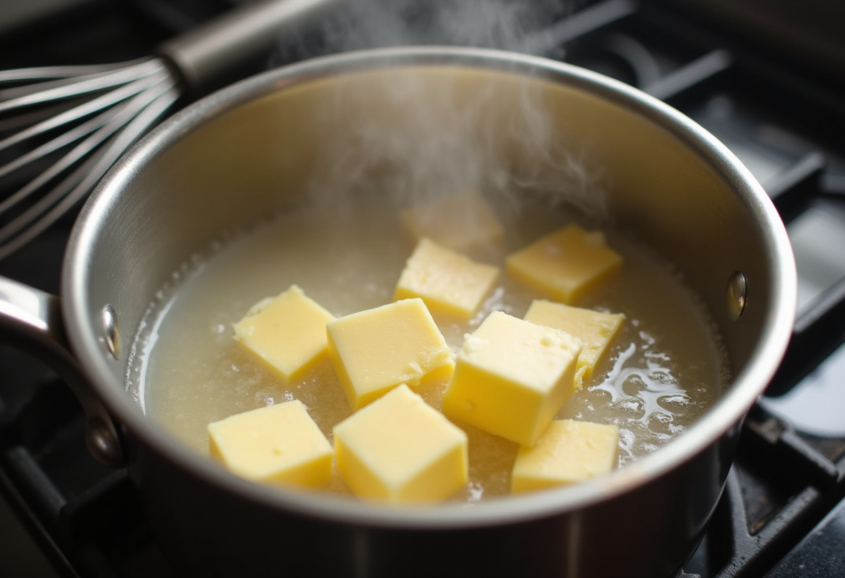 Melting butter and water for churro bites, perfect for creating that light dough texture in air fryer treats.