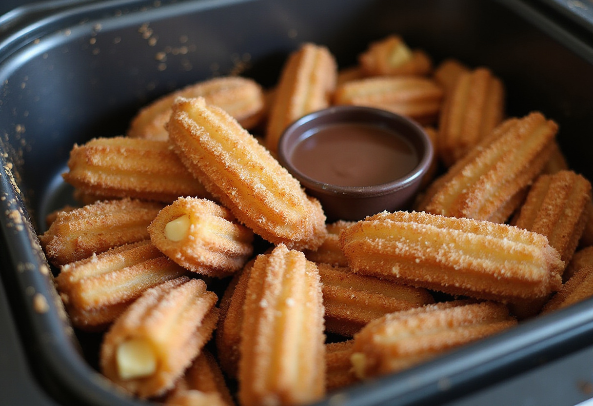 Freshly air-fried churro bites ready to enjoy, perfectly crispy and coated in cinnamon sugar for an irresistible dessert.
