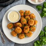 Gourmet presentation of crispy air fryer honey garlic salmon bites, garnished and ready to serve, showcasing this delicious salmon recipe.