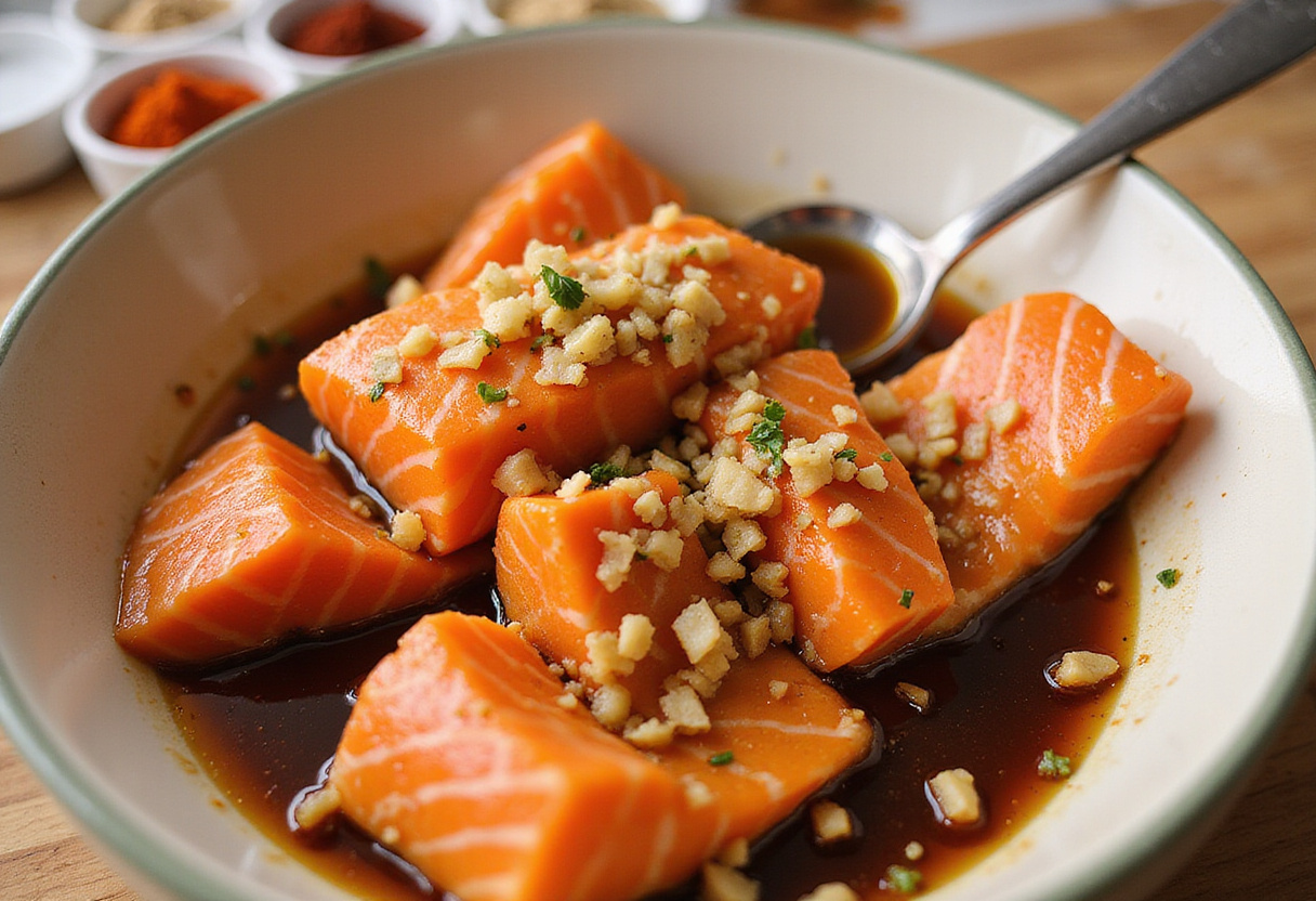 Salmon bites being marinated in honey, garlic, and soy sauce for crispy air fryer honey garlic salmon bites, capturing the rich flavors being combined.
